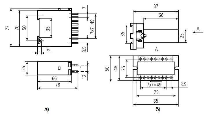 рис.  1- Габаритные размеры реле, где а) без контактной колодки; б) с контактной колодкой.