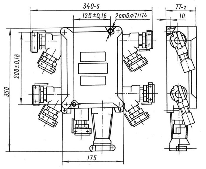 Схематическое изображение размеров и расположения кабельных вводов ящика клеммного ЯК-24514213
